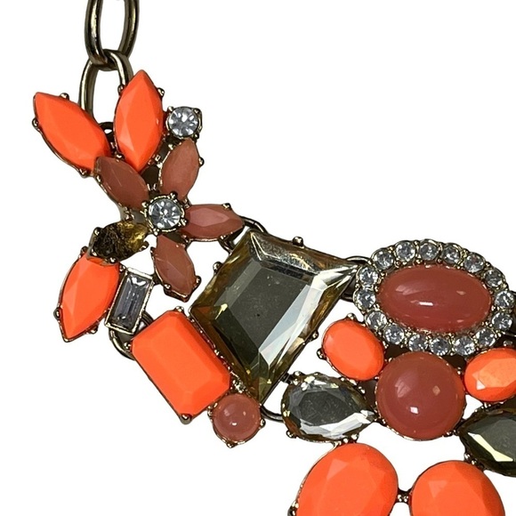 J Crew Statement Bib Necklace Orange Coral Gold Tone Rhinestone Stone - Picture 7 of 8